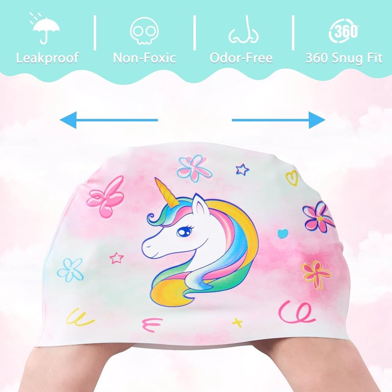WAWSAM 2 Pack Kids Swim Cap Silicone Waterproof Swim Caps for Boys Girls (3-8 Years) Unicorn Mermaid Design Swimming Cap for Kids 3-8 Long and Short Hair - Image 3
